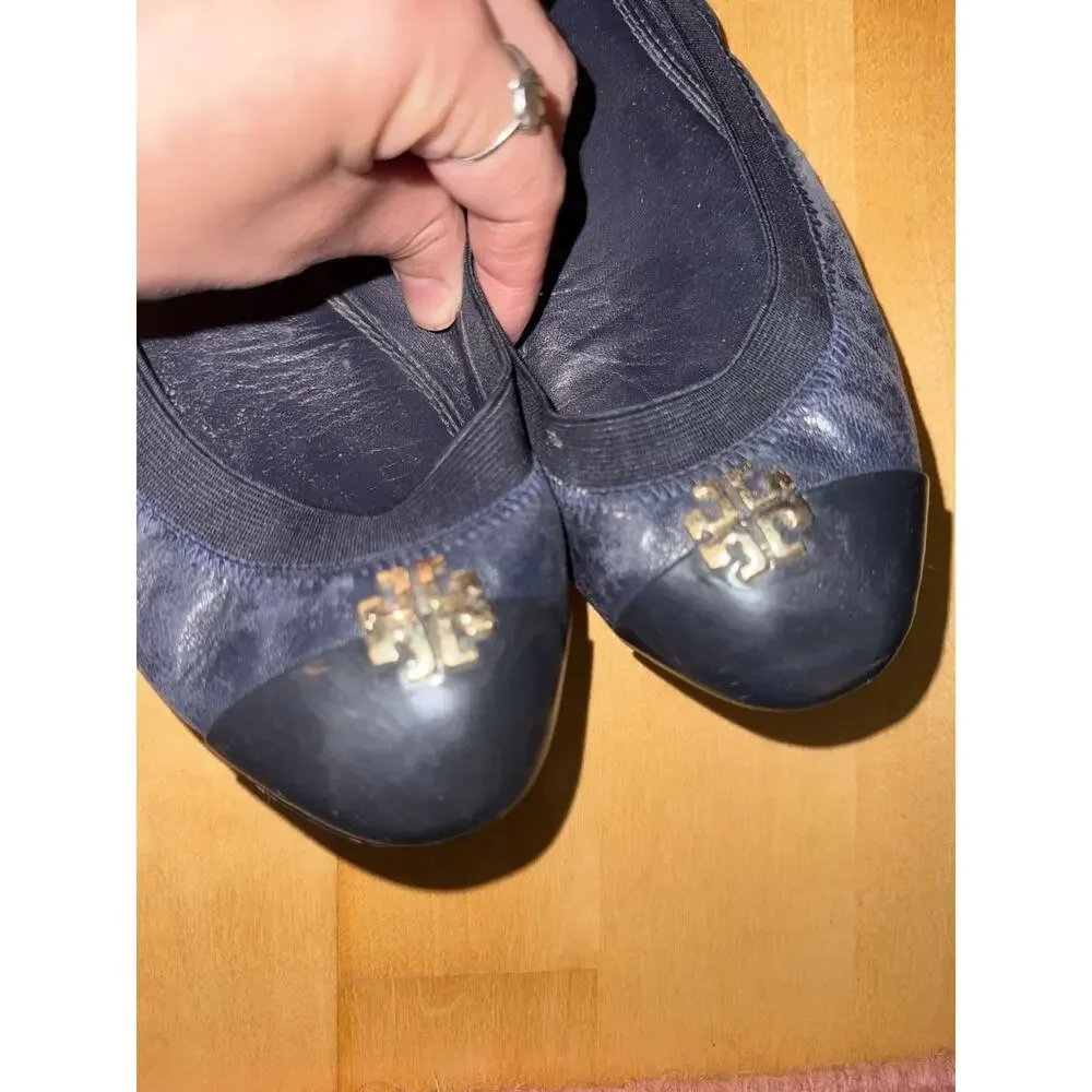 Tory Burch Jolie Logo Ballet Flats Shoes Navy Black Leather Slip On 10